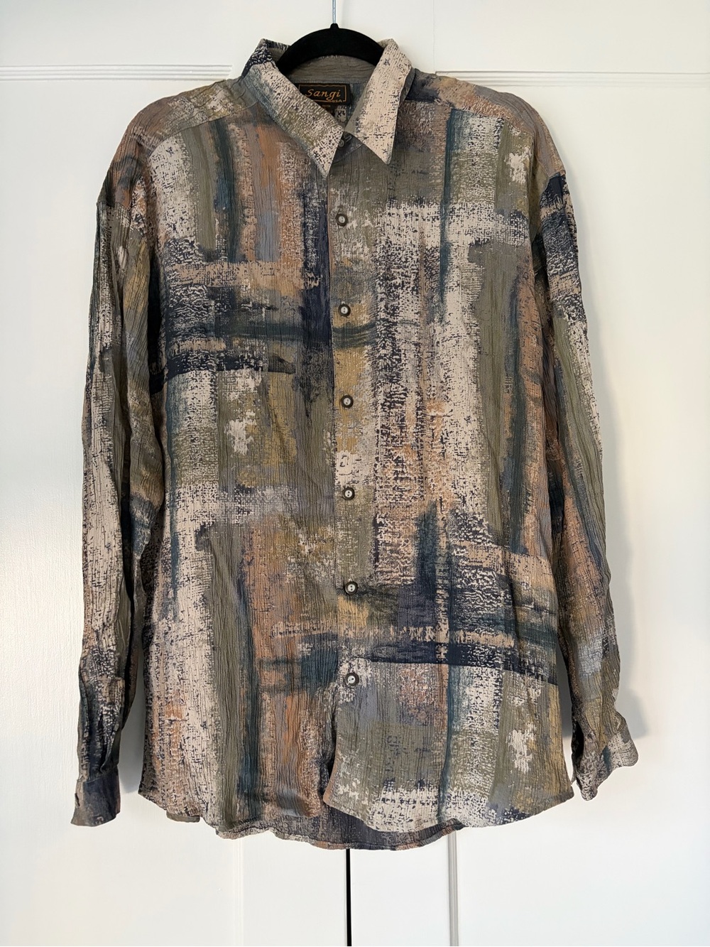 Vintage Sangi Button-Down Shirt Men’s M - Textured Abstract Brushstroke Pattern